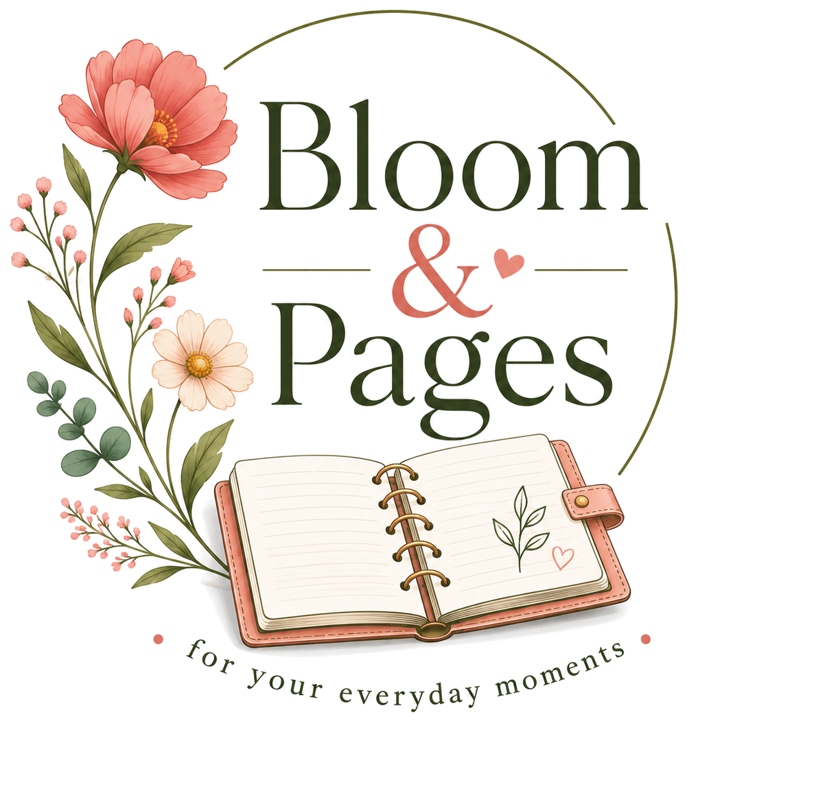 Logo van Bloom & Pages: bloemen, een open planner en de tekst for your everyday moments